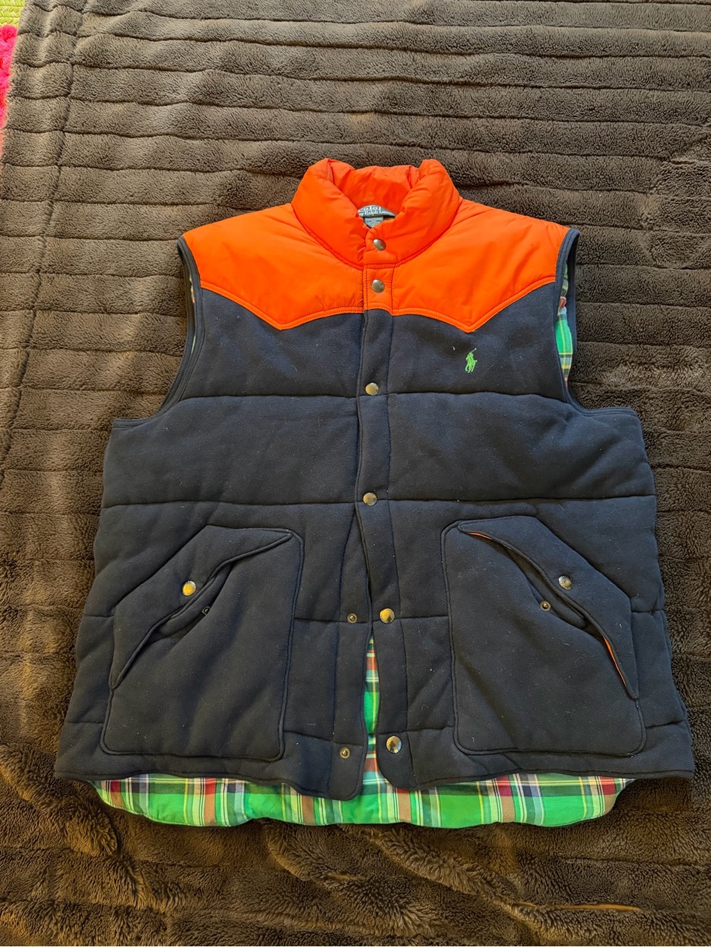 Ralph Lauren Navy Puffer Vest with Orange Yoke